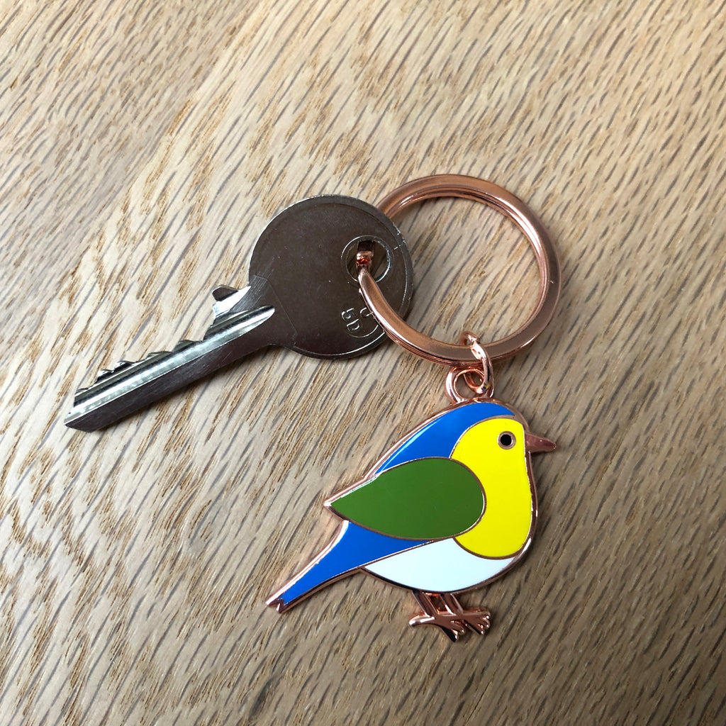 blue tit keyring, garden bird keyring, bird keychain, bird keyring, bird key ring, blue yellow and green bird, gardener gift, grandparent gift